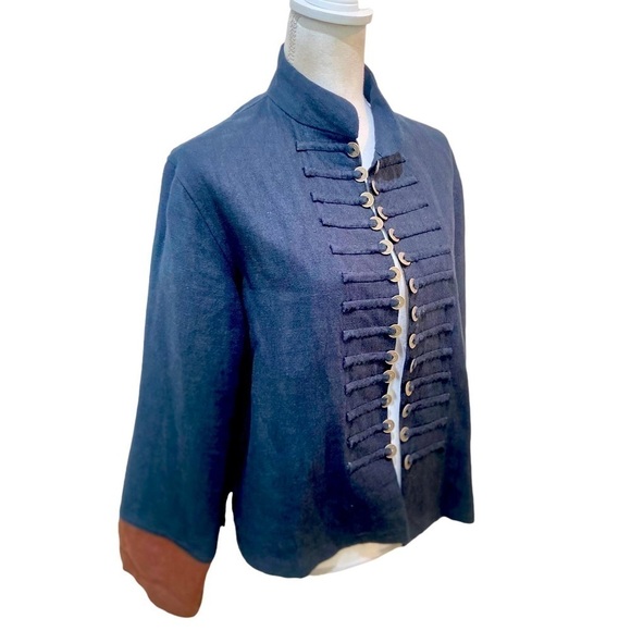 Peacock ways 100% linen navy open front coin detail jacket military style large - Picture 2 of 9